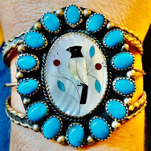 2XHP💕Vintage Navajo Turquoise MOP Inlay .925 Cuff - Picture 7 of 7